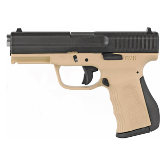 Tan and black semi-automatic pistol shown in profile, with tan grip and black slide (FMK)