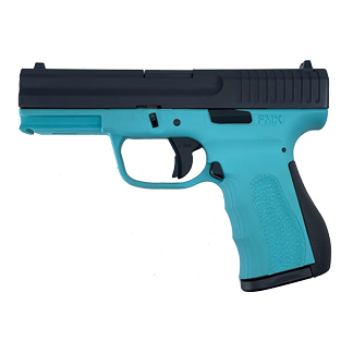 Turquoise semi-automatic handgun with a black slide and grip, isolated on a white background.