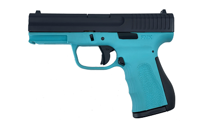 FMKG9C1G2TBSSCM_1jpg | ATFirearms Turquoise semi-automatic handgun with a black slide and grip, isolated on a white background.