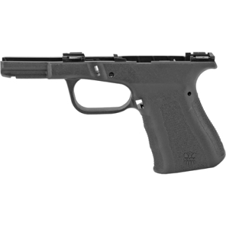 Side view of a black semi-automatic pistol with a textured grip and top slide, shown in profile from the left.