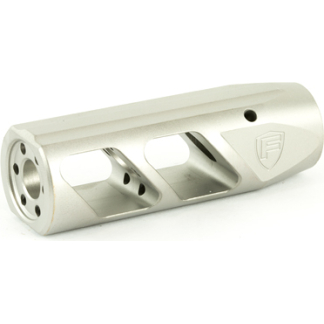 Silver machined aluminum component with three rectangular cutouts and circular end, featuring a small logo on the curved surface.