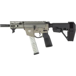 Tan and black semi-automatic rifle with a translucent magazine, rails, and adjustable stock.