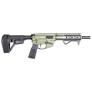 Assault rifle with olive-green receiver, black adjustable stock, pistol grip, and rail system along the top rail.