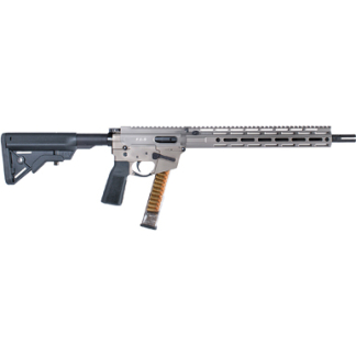 AR-15 style semi-automatic rifle with tan receiver, black stock and grip, long rail handguard, and brown curved magazine