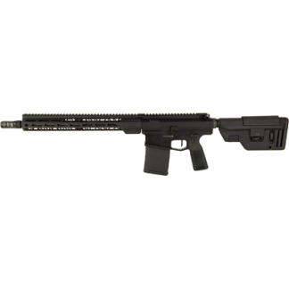 Black AR-style semi-automatic rifle with collapsible stock and long modular handguard laid horizontally on a white background