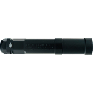 Black cylindrical tactical flashlight with knurled bezel and tail-cap switch, shown horizontally.