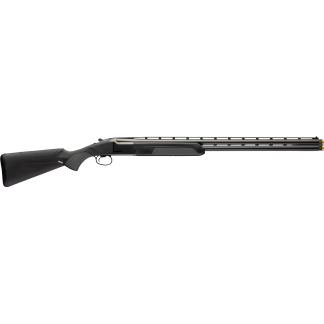 Pump-action shotgun with a black synthetic stock and long vented barrel.