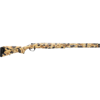 Camouflage-pattern hunting rifle with long barrel in profile view.