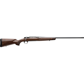 Bolt-action rifle with a polished wooden stock and long barreligned for precision shooting.