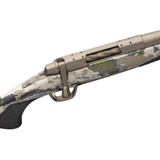 Side view of a camouflage bolt-action rifle showing the bolt, trigger, and stock pieces.