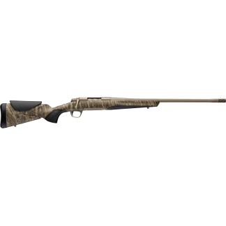 Camouflage-pattern hunting rifle with long barrel and pistol grip butt stock.