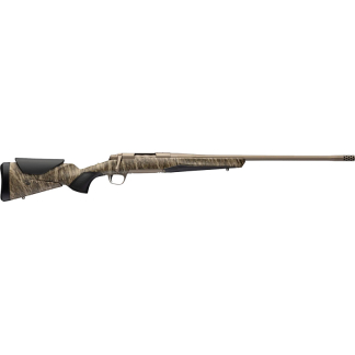 Camouflage-pattern bolt-action hunting rifle with black recoil pad, shown in side profile with a long barrel.