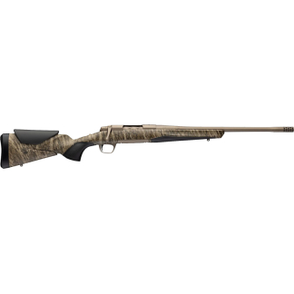 Camouflage-pattern hunting rifle with long barrel and black pistol-grip stock, shown in side profile.