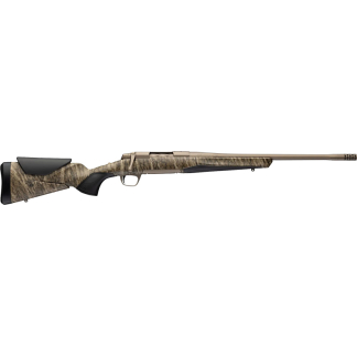 Camouflage-pattern hunting rifle with long barrel and black cheek rest, shown in profile.