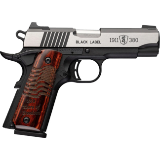 Semi-automatic handgun with a silver slide and wood grip, labeled Black Label 1911-380 on the side.