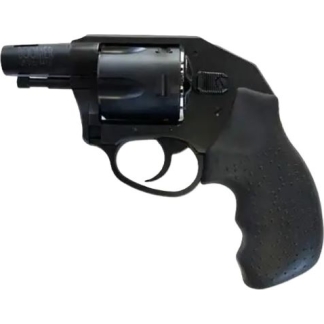 Compact black revolver with a short barrel and textured grip, shown from the side.