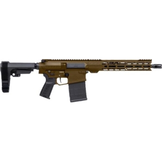 Brown and black modern assault rifle with a collapsible stock, pistol grip, long tan handguard, and a detachable box magazine