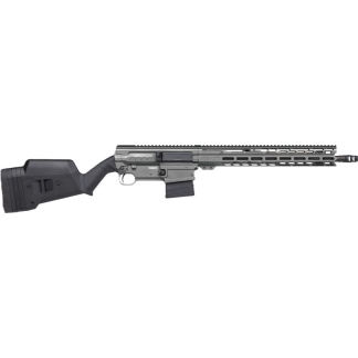 AR-style tactical rifle shown in profile with adjustable stock and long handguard rail