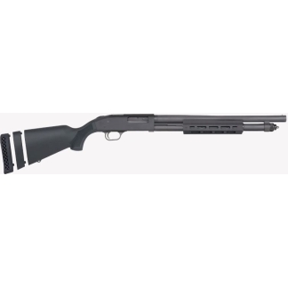 Profile view of a black pump-action shotgun with a long barrel and vented forend; stock and recoil pad separated to the left.