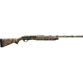 Camouflage-pattern hunting shotgun shown in side profile with long barrel.