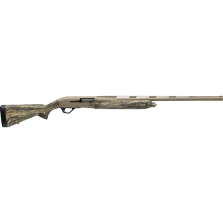 Camouflage-pattern pump-action hunting shotgun with a long, matte barrel.