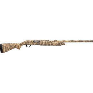 Camouflage-pattern hunting shotgun with a long barrel