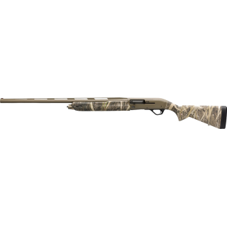 Camouflage-patterned long-barrel hunting rifle with a matching camo stock and fore-end.