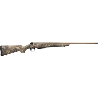 Camouflage-pattern bolt-action hunting rifle with a long tan barrel.