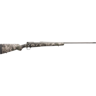 Camouflage-patterned bolt-action rifle with long barrel laid horizontally.
