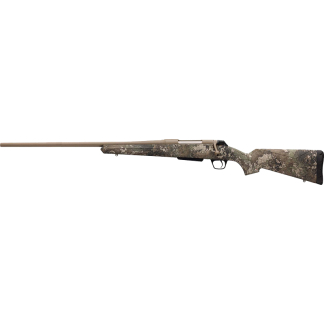 Profile view of a camouflage-pattern bolt-action rifle with a tan barrel.