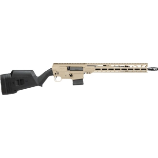 Tan and black AR-style semi-automatic rifle with collapsible stock and long handguard railby side view