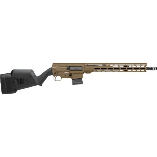 Desert-tan AR-style rifle with adjustable stock, quad-rail handguard, and a magazine inserted