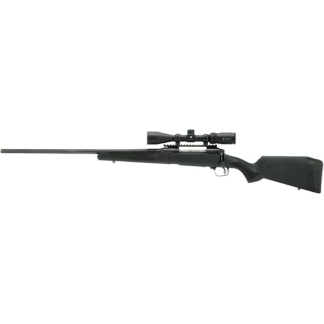 Bolt-action rifle with a long barrel and mounted scope on a black synthetic stock.