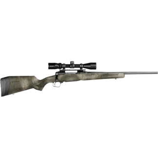 Bolt-action sniper rifle with a camouflaged stock and a mounted scope on top