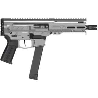 Compact silver and black submachine pistol with a downward-facing detachable magazine and rail-equipped fore-end.
