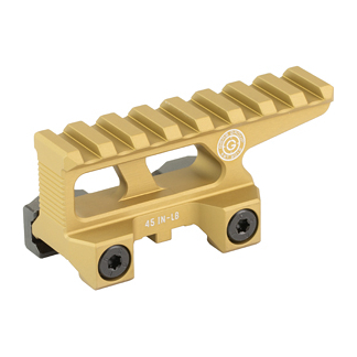 Gold anodized Picatinny rail segment with two mounting screws and a slotted bottom for firearm accessory attachment