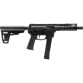 Side view of a black modern sporting rifle with a collapsible stock, vertical grip, and long handguard on a white background.