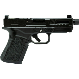 Black semi-automatic pistol shown in side profile with a textured grip and accessory rails.