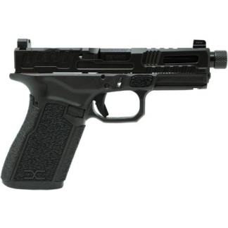 Black semi-automatic pistol with textured grip and accessory rails, left-side view on white background.