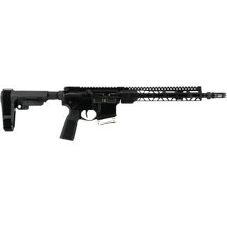 Black AR-style rifle with collapsible stock, pistol grip, and quad-rail handguard on a white background