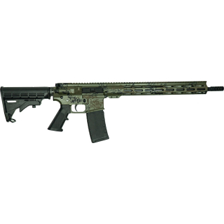 Camouflage-pattern semi-automatic rifle with adjustable stock and rail panels, pointing to the right.