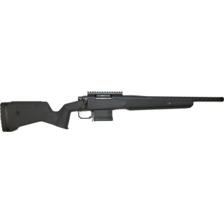 Black rifle with adjustable stock, pistol grip, detachable magazine, and long barrel with a rail on top