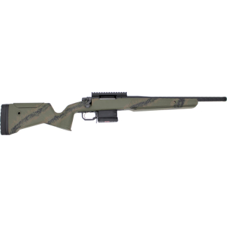 Side view of a camouflaged rifle with a long barrel, top rail, and detachable magazine