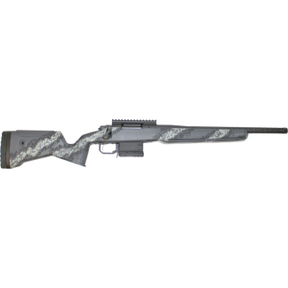 Gray camouflage bolt-action rifle with a detachable magazine and top Picatinny rail, shown in profile.