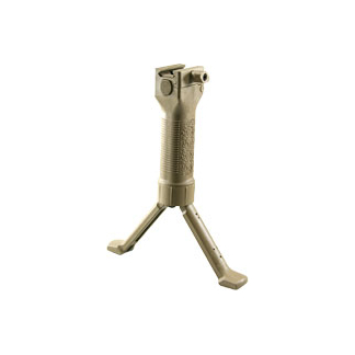 Three-legged metal bipod with a clamp-style mounting head at the top for stabilizing equipment.