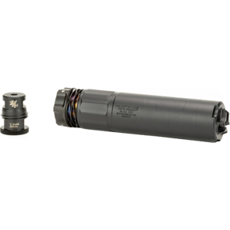 Disassembled firearm suppressor with its cylindrical silencer and separate muzzle mount shown in gray and black components