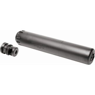 Cylindrical firearm suppressor with threaded ends and a separate mounting adapter beside it.