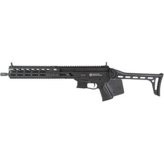 Black tactical rifle with a long barrel, quad-rail handguard, detachable magazine, and adjustable stock.