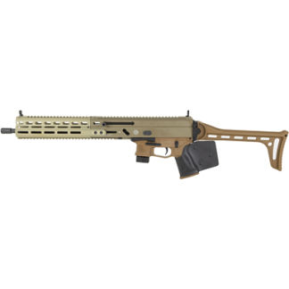 Tan modular assault rifle with perforated handguard, detachable box magazine, and adjustable skeleton stock on a white background.