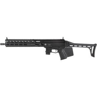 Black AR-style rifle with a long handguard, Picatinny rail, pistol grip, and adjustable stock.